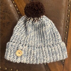 NEW Cozy Hand Knit Pom-Pom Beanie for adult - Blue and Brown